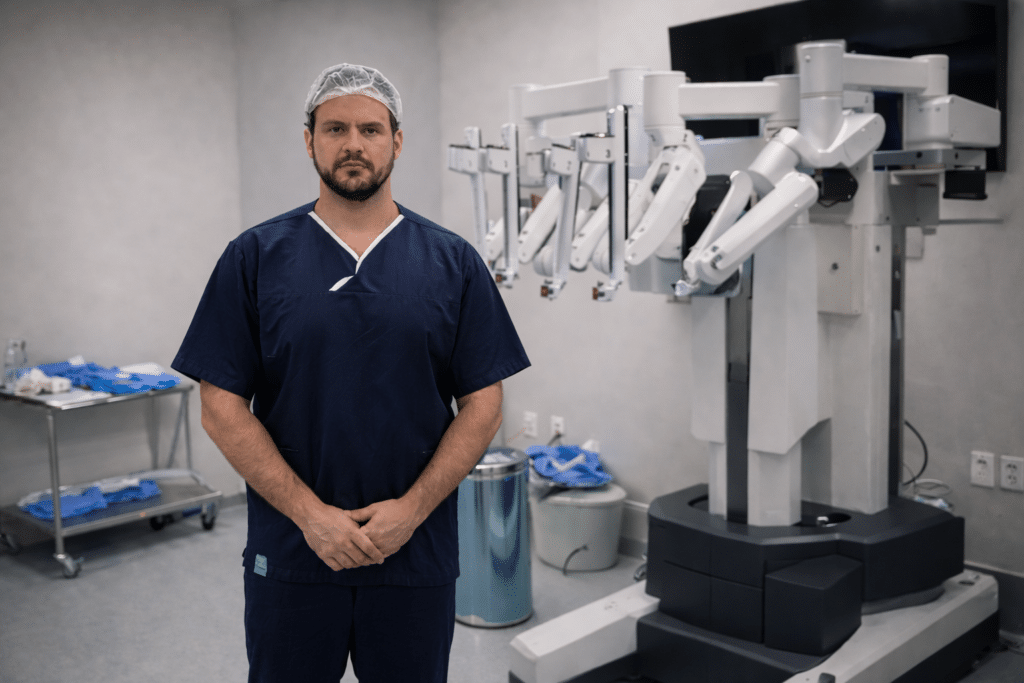 CIRURGIA ROBÓTICA: 10 VANTAGENS NO TRATAMENTO DO CÂNCER DE PRÓSTATA 1 urologista em centro cirúrgico moderno em Cuiabá com o robô Da Vinci
