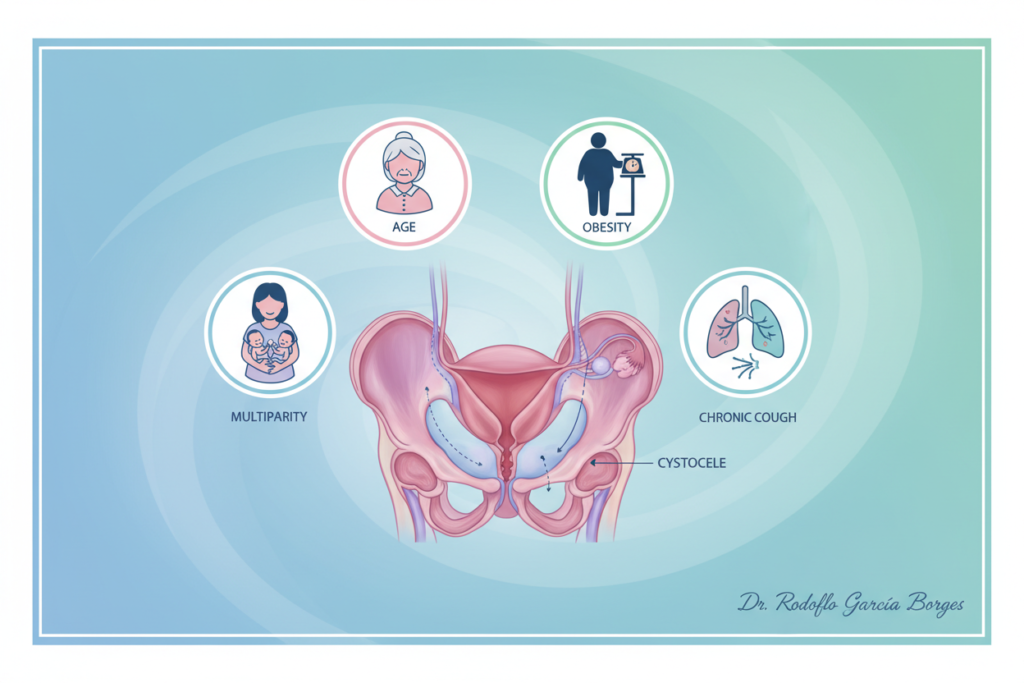 A detailed visual representation of risk factors for cystocele, focusing on anatomical illustrations. In the foreground, a clear diagram of the female pelvic anatomy showing the bladder, uterus, and rectum, positioned to emphasize the relationship between these organs. The middle ground includes icons representing risk factors such as age, obesity, multiparity, and chronic cough, artistically arranged around the anatomical structures. In the background, a soft gradient of calming colors, such as blues and greens, creates a serene atmosphere. Use soft lighting to ensure clarity and depth in the anatomical details, shot from a slightly elevated angle to enhance visibility. This educational image should convey professionalism and be suitable for medical literature. Include the brand name “Dr. Rodolfo Garcia Borges” subtly in the lower corner, ensuring it does not distract from the main illustration.