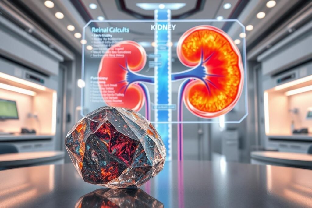 A highly detailed and realistic 3D illustration of a renal calculus (kidney stone) in a futuristic medical environment. In the foreground, prominently display a crystalline kidney stone with intricate patterns and vibrant colors, highlighting its texture and composition. The middle ground features a transparent, holographic display showing the anatomy of the kidney and the formation of stones, with labels that emphasize the processes involved. In the background, a modern clinical setting equipped with advanced technology and soft, ambient lighting creates a soothing atmosphere. The scene should evoke a sense of scientific discovery and education, with a focus on clarity and professionalism. Incorporate the brand name "Dr. Rodolfo Garcia Borges" subtly into the design, ensuring it complements the visual without distracting from the main subject. A highly detailed and realistic 3D illustration of a renal calculus (kidney stone) in a futuristic medical environment. In the foreground, prominently display a crystalline kidney stone with intricate patterns and vibrant colors, highlighting its texture and composition. The middle ground features a transparent, holographic display showing the anatomy of the kidney and the formation of stones, with labels that emphasize the processes involved. In the background, a modern clinical setting equipped with advanced technology and soft, ambient lighting creates a soothing atmosphere. The scene should evoke a sense of scientific discovery and education, with a focus on clarity and professionalism. Incorporate the brand name "Dr. Rodolfo Garcia Borges" subtly into the design, ensuring it complements the visual without distracting from the main subject.